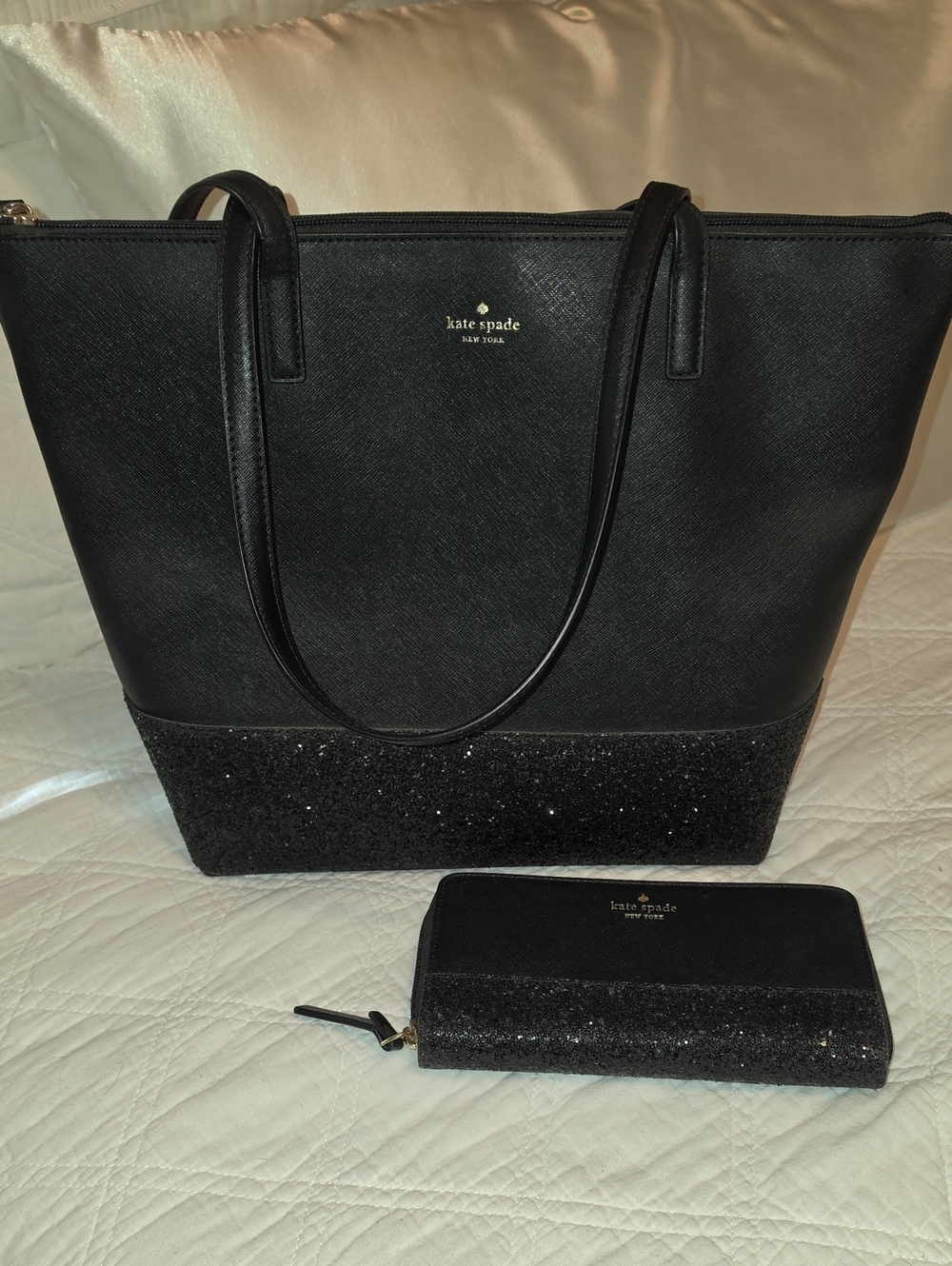 Kate Spade Black Glitter Base Tote and Matching Wallet EUC